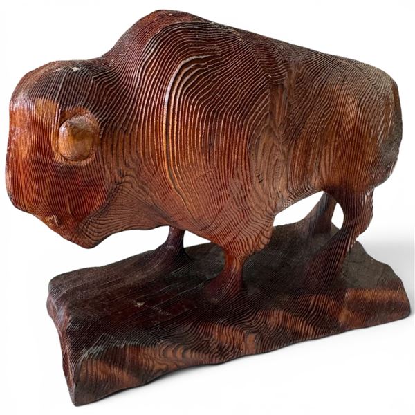 Hand Carved Wood Bison in Spruce Signed Harry 7.5x3.5x6.5"
