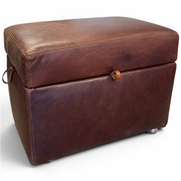 Brown Leather Ottoman with Hinged Lid for Storage and on Castors 24.5x16x20"