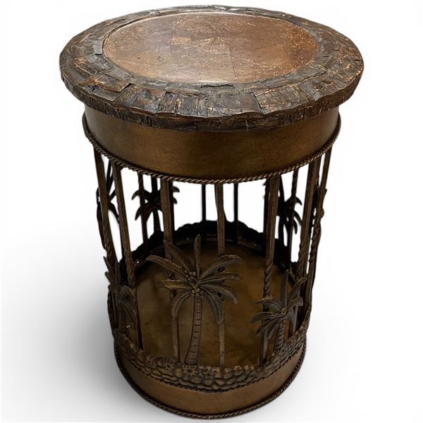 Cylindrical Palm Tree Design Side Table with Bronze-Toned Metal Accents (30" tall x 20" diameter)