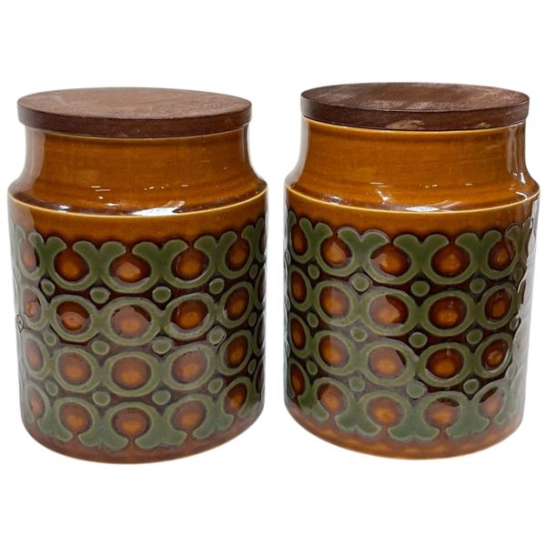 Pair of 1975 Hornsea England "Bronte" Canisters - Glazed Pottery Jars (6" diameter x 5" diameter)