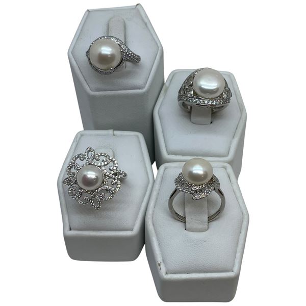 4 New Rings Stamped .925 (Faux Pearl and Crystal) longest ring face is 22 mm * Total weight: 24 gram