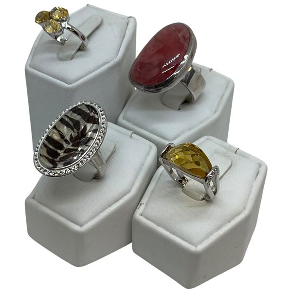 4 New Rings Stamped .925 (Natural Stone, Citrine Crystal and Lucite) longest ring face is 31mm * Tot
