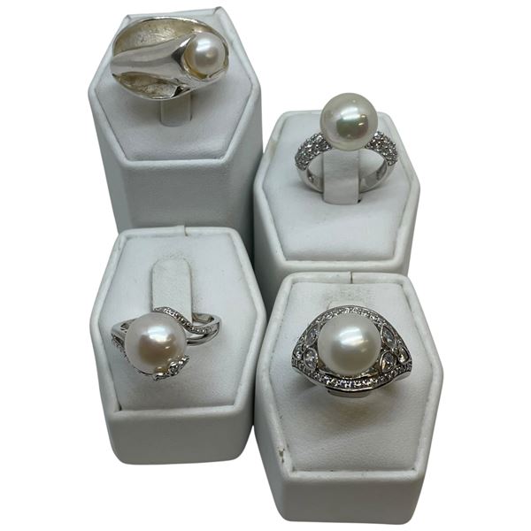 4 New Rings Stamped .925 (Faux Pearl and Crystal) longest ring face is 17 mm * Total weight: 37 gram