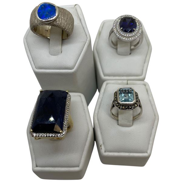 4 New Rings Stamped .925 (Blue Natural Gems and Blue & Clear Crystals) longest ring face is 29 mm *