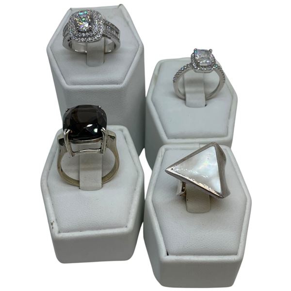 4 New Rings Stamped .925 (Topaz, Mother-of-Pearl & Clear Crystals) longest ring face is 19 mm * Tota
