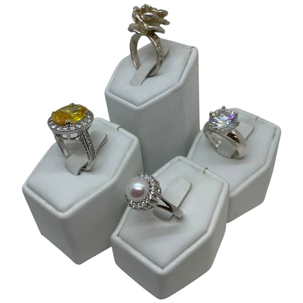 4 New Rings Stamped .925 (Citrine Crystal, 5 CT Clear Crystal and Faux Pearl) longest ring face is 1