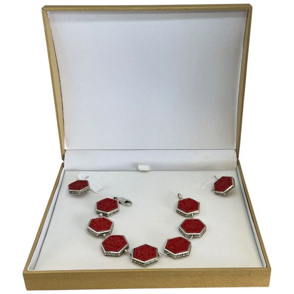 Sterling Silver Carved Cinnabar Bracelet & Earring Set (Bracelet is 189mm wide