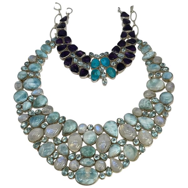 2 Natural Gemstone & Crystal Bib Necklaces with Silver-Tone Settings (Widest is 2.25")