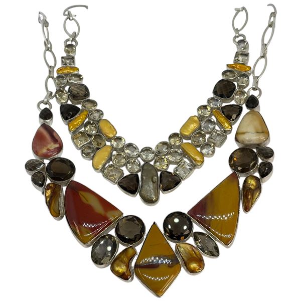 2 Natural Gemstone & Crystal Bib Necklaces with Silver-Tone Settings (Widest is 2")