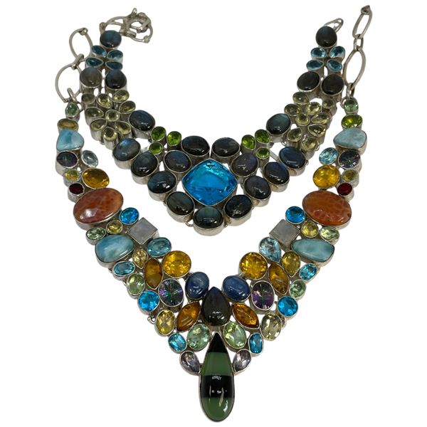 2 Natural Gemstone & Crystal Bib Necklaces with Silver-Tone Settings (Widest is 2")