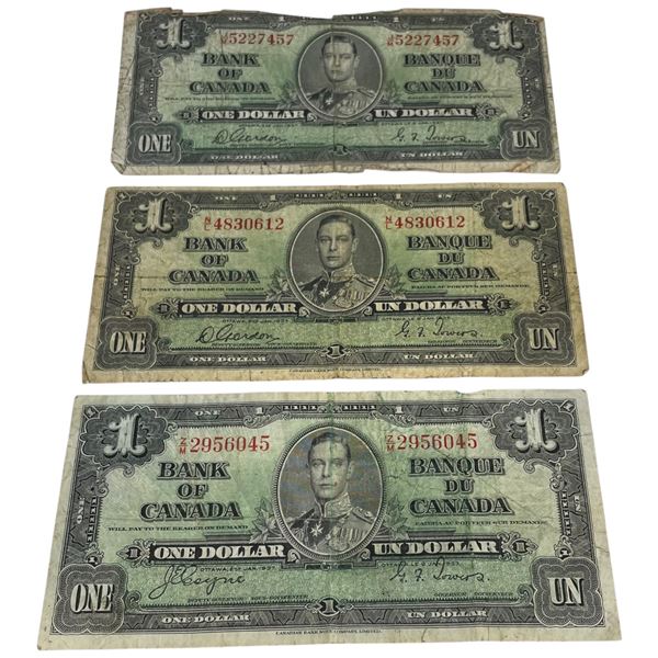 Three 1937 Bank of Canada One Dollar Bank Notes (2 Gordon/Towers (NL & JM Series) and 1 Coyne/Towers