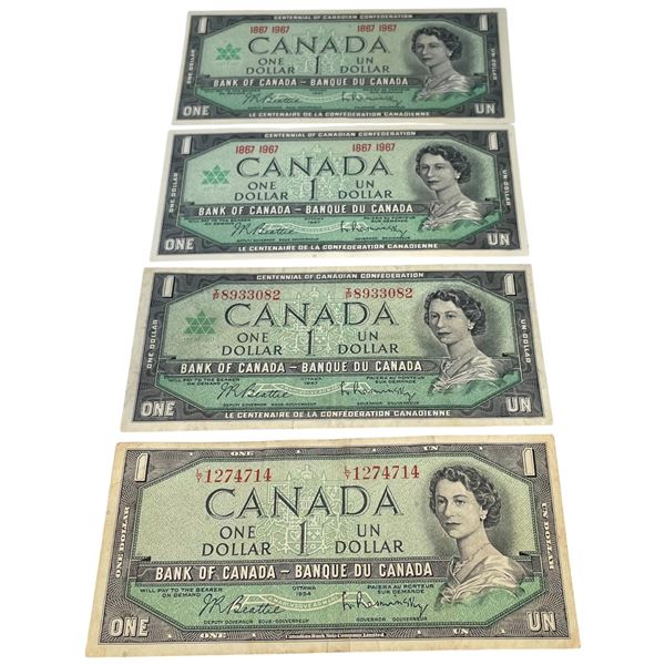 Group of 4 Canadian One Dollar Bank Notes - All Beattie/Raminsky  (1954 LY Prefix, 2 Crisp 1867-1967