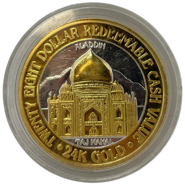 Vintage .999 Fine Silver Aladdin Casino $28 "Taj Mahal" Token - Gold Plated - Total weight: 20.3 Gra