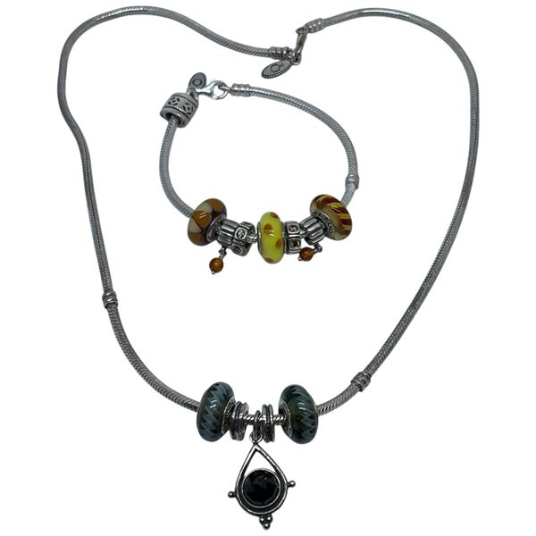 Vintage Pandora Sterling Silver Necklace and Bracelet - All Charms are stamped .925 ALE - Total Weig