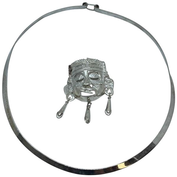 Sterling Silver Torque Chocker & Aztec Pendant with Pierced Nose Ring -Total weight: 46.4 grams
