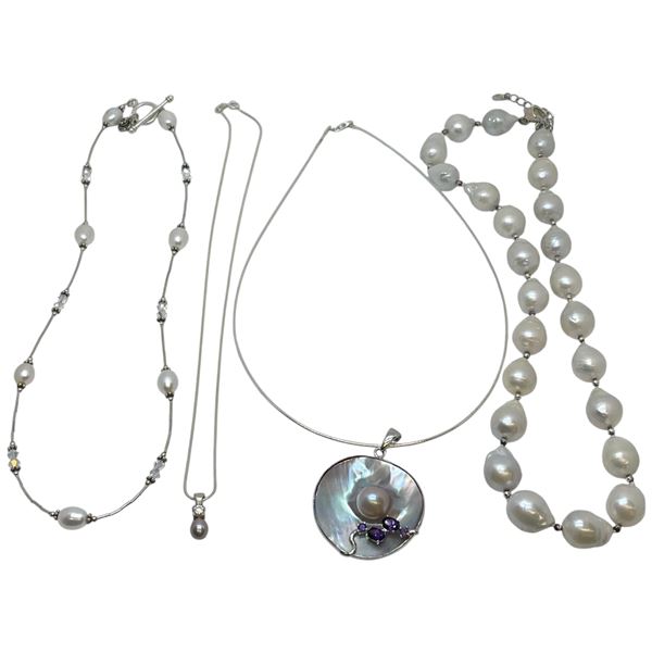 4 Sterling Silver Pearl & MOP Necklaces (18 " Baroque 11mm Pearl,36mm MOP & Amethyst and more) -Tota