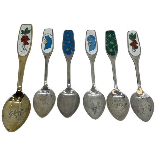 Six 1970s Sterling Silver 4" Christmas Spoons by BMCo Canada - 1 is gold plated - Total Weight: 85 g