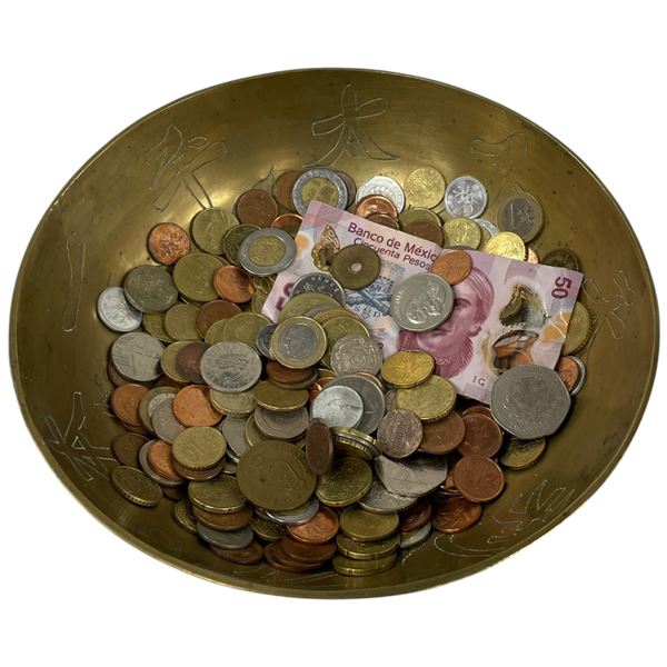 Brass Bowl of World Coins and Tokens * Pedestal Bowl is 9" diameter x 2.5 "deep