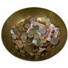 Image 1 : Brass Bowl of World Coins and Tokens * Pedestal Bowl is 9" diameter x 2.5 "deep
