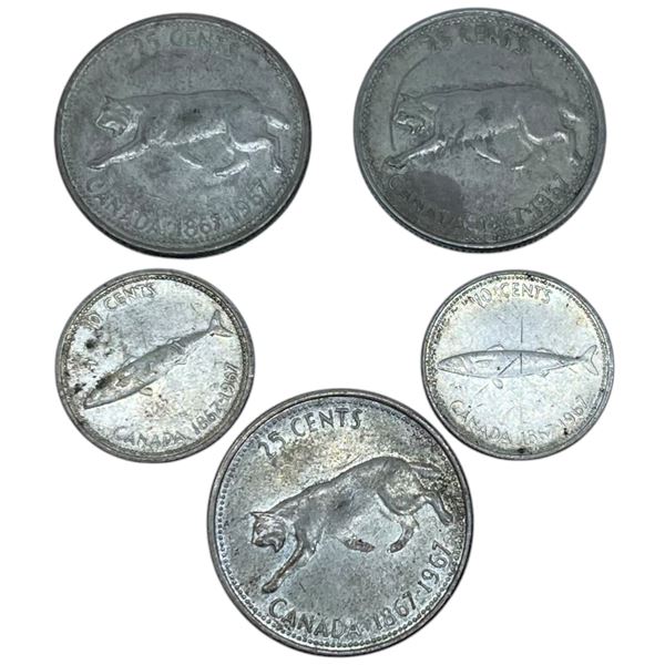 5 Canada 1967 Centennial Coins - 80% Silver (3 Quarters and 2 Dimes
