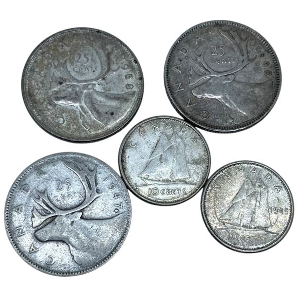 5 Canada Silver Coins - 80% Silver (1940 & 47 25¢, 1961 & 65 10¢) and 50% Silver (1968 25¢)