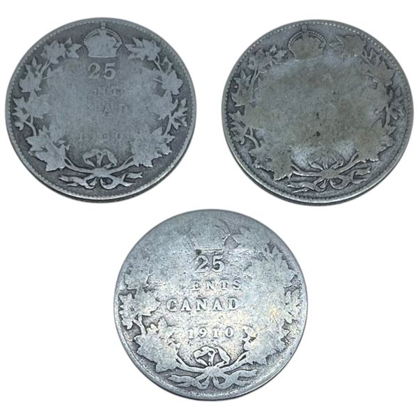 3 Vintage Canadian Silver Quarters (1 x .925 Edward VII 1910 & 2 x 80% George V 1930 & ?)
