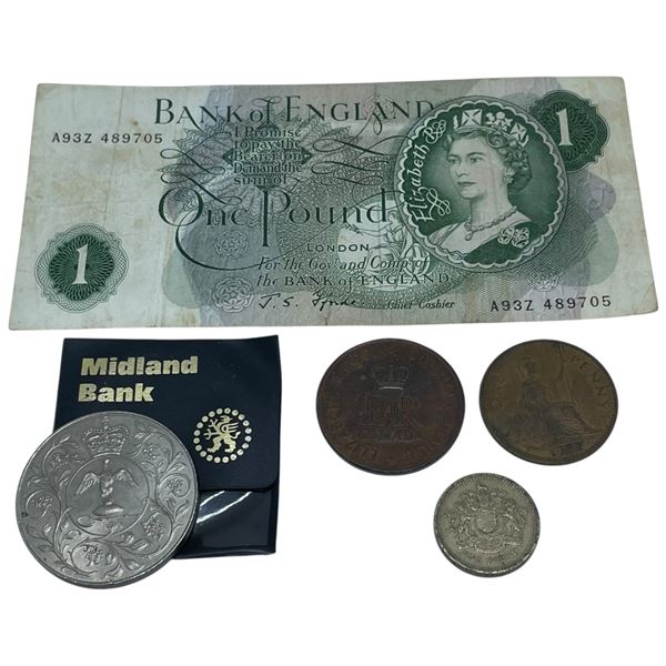 Group of UK & Canada Coins & Tokens (1967 Bank of England One Pound Note, 1962 Large Penny, 1983 Pou