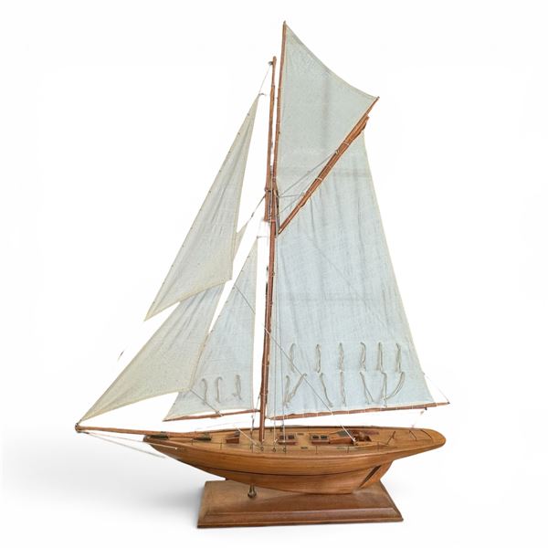 Wooden Two-Mast Hand-Crafted Schooner Style Sailboat Model on Display Base 37" Tall X 27" Long