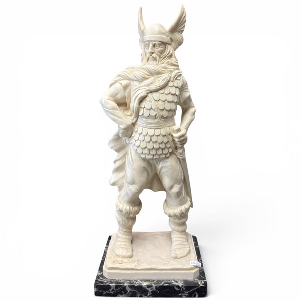 Vintage Italian Santini Bonded-Marble Viking Warrior Statue, Mid-Century Signed A. Santini 18" tall