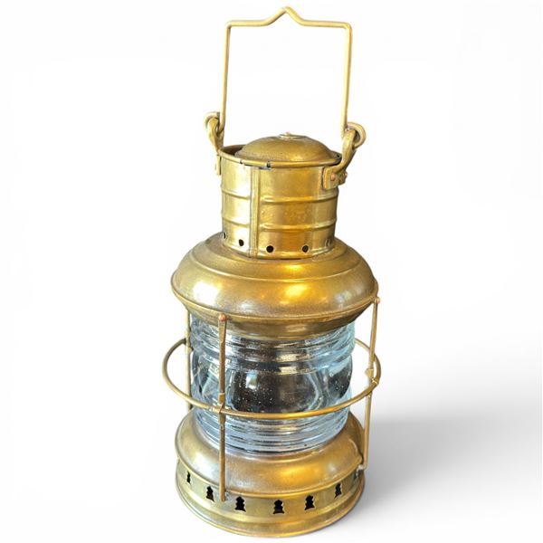 Vintage Perko Brass Ship's Anchor Lantern with Clear Fresnel Lens, Early 20th Century 12.5" Tall