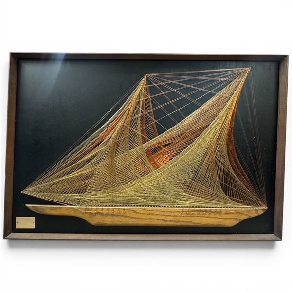 Mid-Century Bob Kramer String Art "Schooner" with Plaque, Vintage Nautical Wall Piece 36.5x24.5"