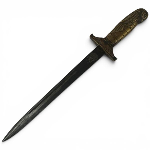 Vintage Brass-Hilt Eagle-Head Dagger with Stylized Chinese Engraved Blade, Mid-Century 16" Long