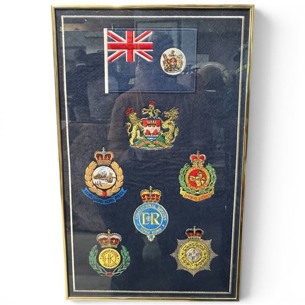 Framed Pre-1997 Hong Kong Colonial Bullion Badge Set with Coat of Arms & Disciplined Services