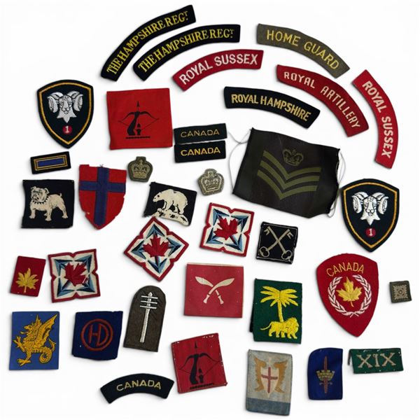 Lot of British & Canadian Military Cloth Insignia - Regimental Titles, Formation & Rank Badges