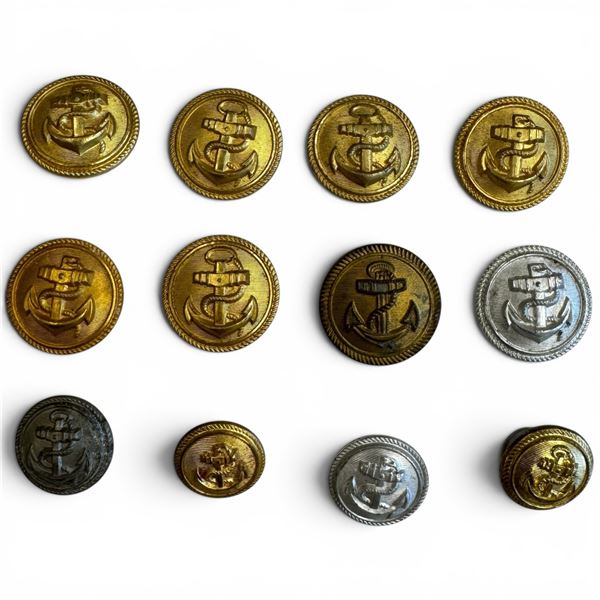 Vintage Nautical Anchor Crest Buttons - Fouled Anchor Design, Mixed Finishes