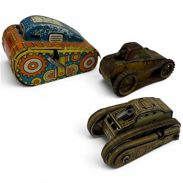 Marx Turnover Tank No. 5 & Gama T56 Clockwork Tanks - Mid-Century Tinplate Wind-Ups