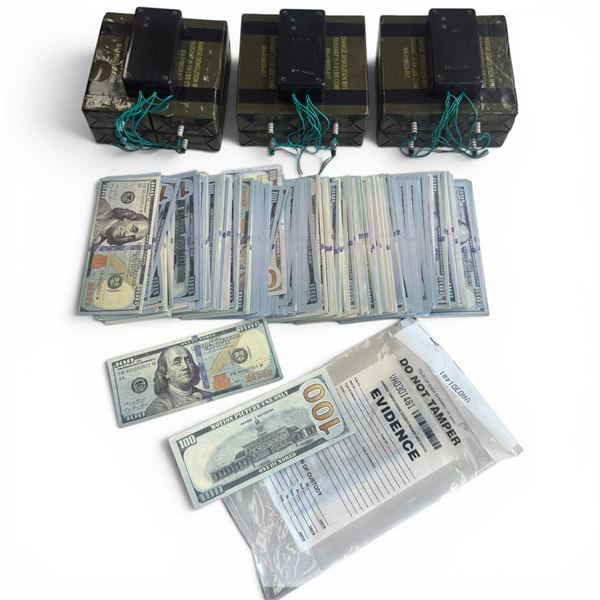 Thousands of US Dollars in 100 Dollar Bills (Movie Prop Money) and 3 C4 Movie Prop Bombs