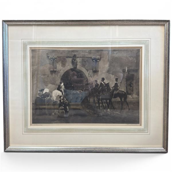 Mounted Soldiers at the Berger Tor, Düsseldorf - after Schreuer, Engraved by Frank Willis, 21.5x17.5