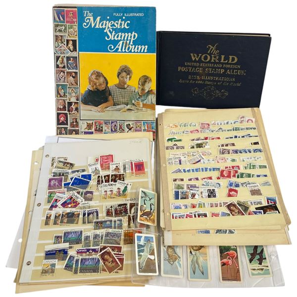 Stack of Postage Albums & Stock Sheets (A few cigarette cards) - Majority are used Canadian stamps -
