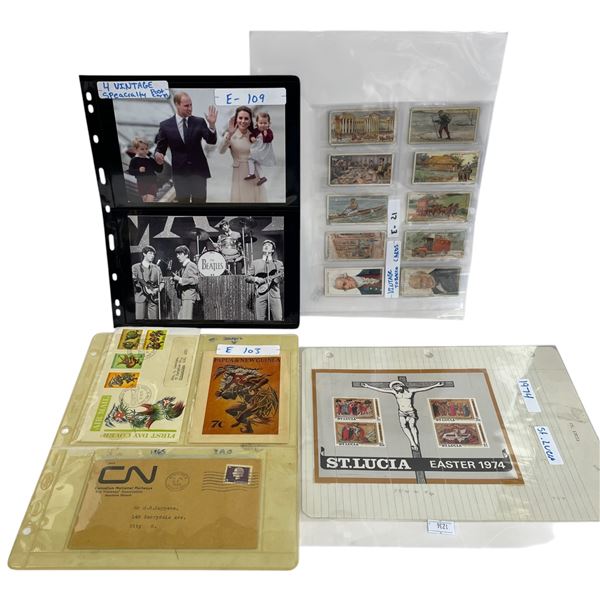 4 Pages of Post Cards, Tobacco Cards, & 1970s Stamps & Stamped Envelopes