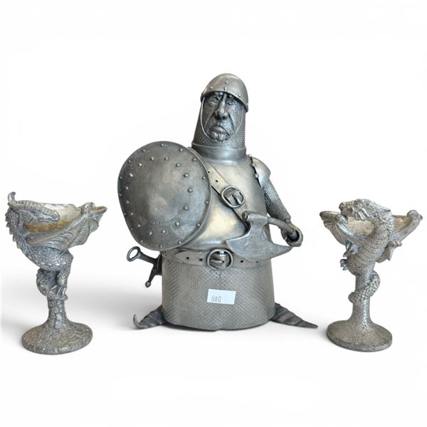 Michel Laude Pewter Medieval Soldier & Two Pewter Dragon Candle Holders 8" Tall