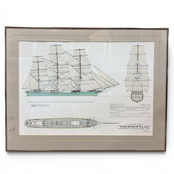 Framed Thermopylae Clipper Blueprint by J.G. Wood, 19th-Century Tea Race Sailing Vessel 30x23"