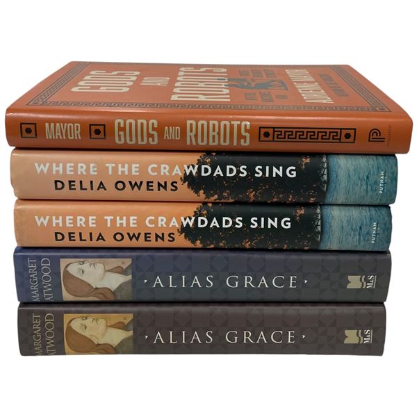 5 Popular Hard Cover Books *  2 x "Where the Crawdads Sing" by Delia Owens, 2 x "Alias Grace" by Mar