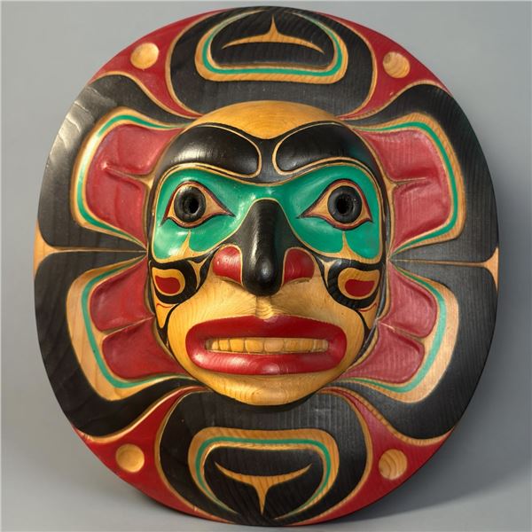 Pacific Northwest Coast Style "Moon Mask" - Hand Carved and Painted - Signed W. Bear (12" x 13" x 4"