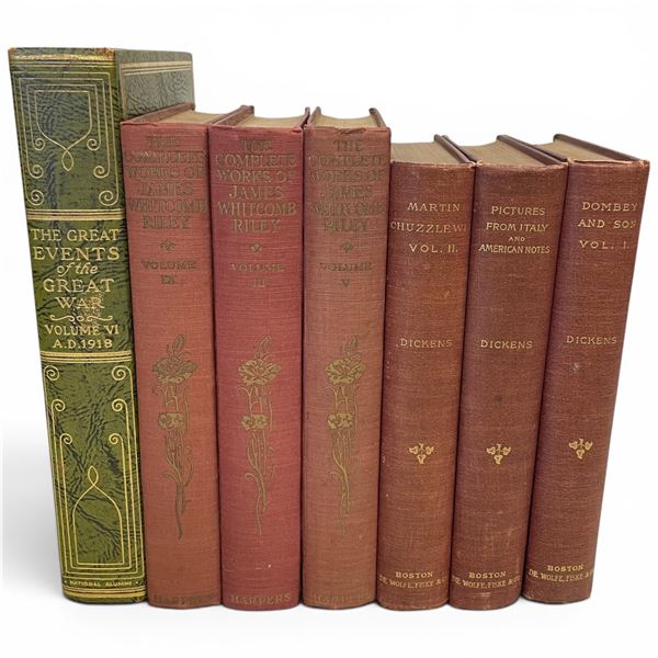 7 Early 20th Century Hardcover Books * Featuring: Charles Dickens and James Whitcomb Riley, along wi