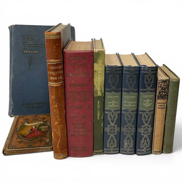 10 Vintage Hardcover Books * Includes "The Black Arrow" by Stevenson, 3 Volumes by Jules Verne, an