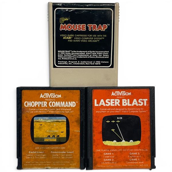 Lot of 3 Atari 2600 Video Game Cartridges - Mouse Trap, Chopper Command, Laser Blast