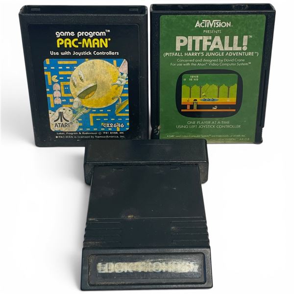 Atari 2600 Video Game Lot: Pac-Man, Pitfall!, Lock 'N' Chase - 3 Vintage Cartridges