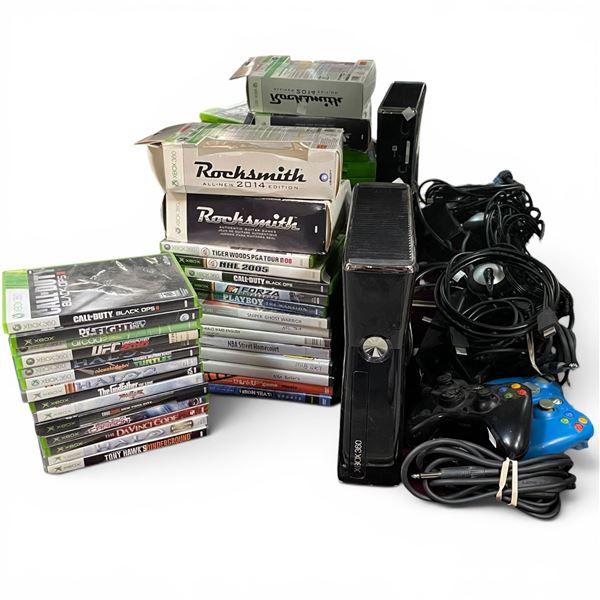 Xbox 360 Console Bundle + 30-item Game/DVD Lot - Controllers, Rocksmith, Halo, COD & More