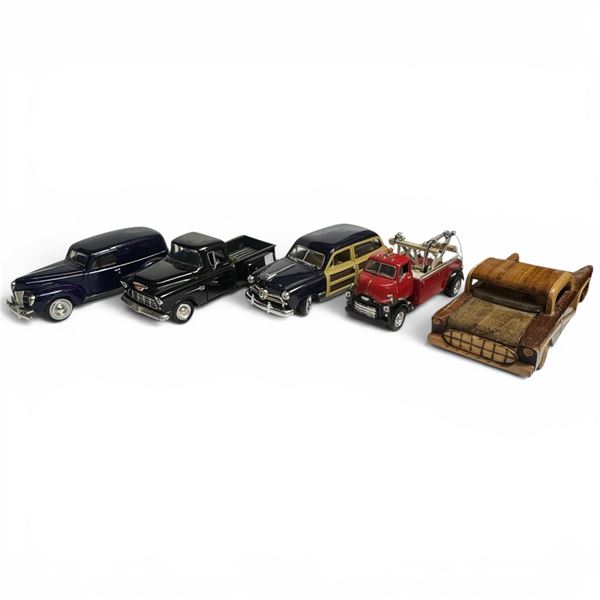 Ford Woody Wagon, 1955 Chevrolet Pickup, 1952 GMC Wrecker,1940 Ford Sedan & Wood Buick Toy Diecast